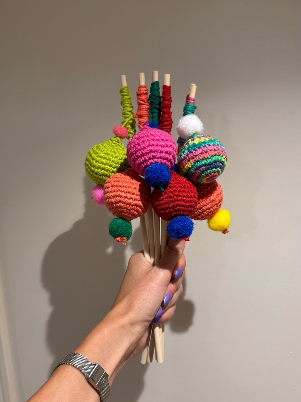 Colorful Crochet Pom-Pom Cat Wand Toy - Multicolor